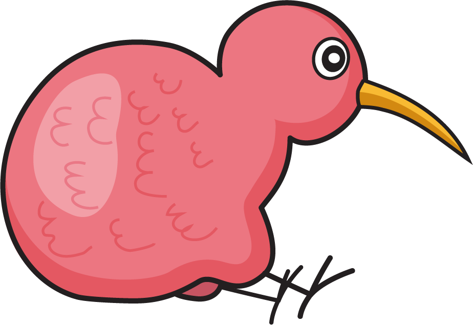 Kiwi Maskottchen rosa sitzend